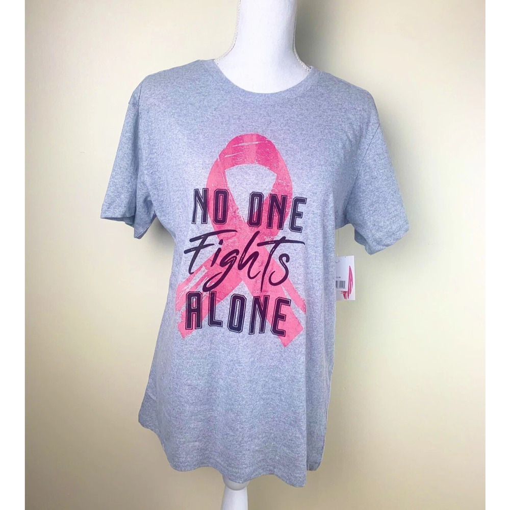 Breast Cancer Awareness Unisex Gray T-Shirt With “No‎ One Fights Alone” Print XL